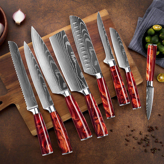 Crimson Collection — Japanese High-Carbon Steel Knife Set with Red Resin Handles
