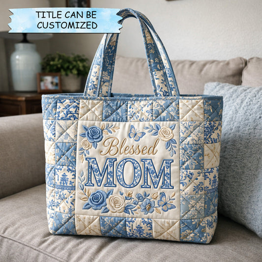 Blue Floral Elegance Quilted Tote Bag QTCUZ GFTOHD14576