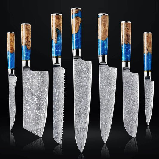 Tsunami Collection — Signature Japanese VG10 Damascus Steel Knife Set with Blue Resin Burl Wood Handles