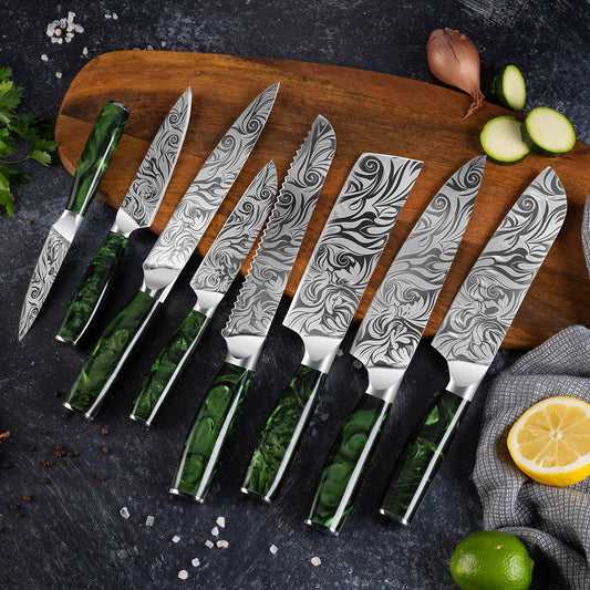 Wasabi Collection — Japanese High-Carbon Steel Knife Set with Green Resin Handles